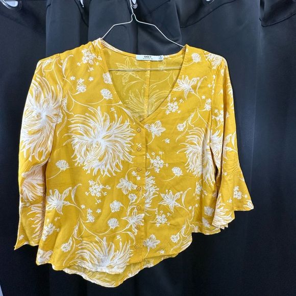 36 OBEY Yellow Flower Blouse lightweight women’s size small vacation summer - Picture 2 of 7